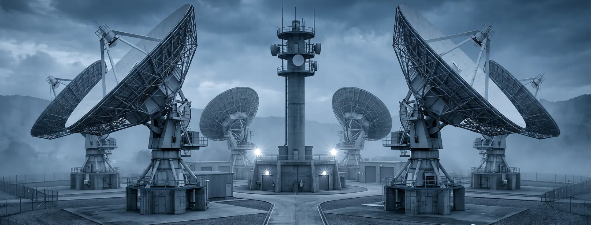 Satellite dish array in mountainous terrain