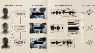 Source narrative synthesis, media fabrication, audio manipulation, and amplification vectors